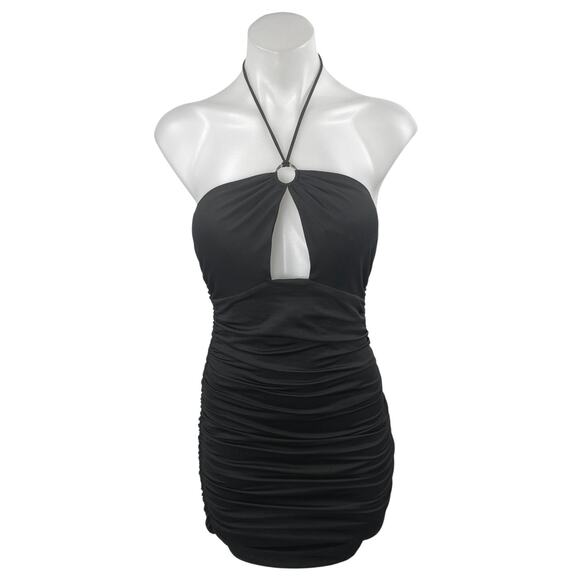Princess Polly Black Sleeveless Halter Tie Ruched Cutout Mini Bodycon Dress Sz 4 - Picture 1 of 4